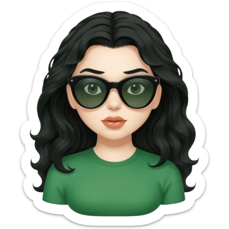 current charli xcx with her long black wavy hair, thick black sunglasses, pale skin, and a green top that said brat in the brat font. sticker