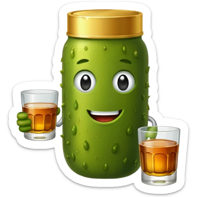 Pickle wearing gold medal with sneakers on holding two shots of whiskey sticker