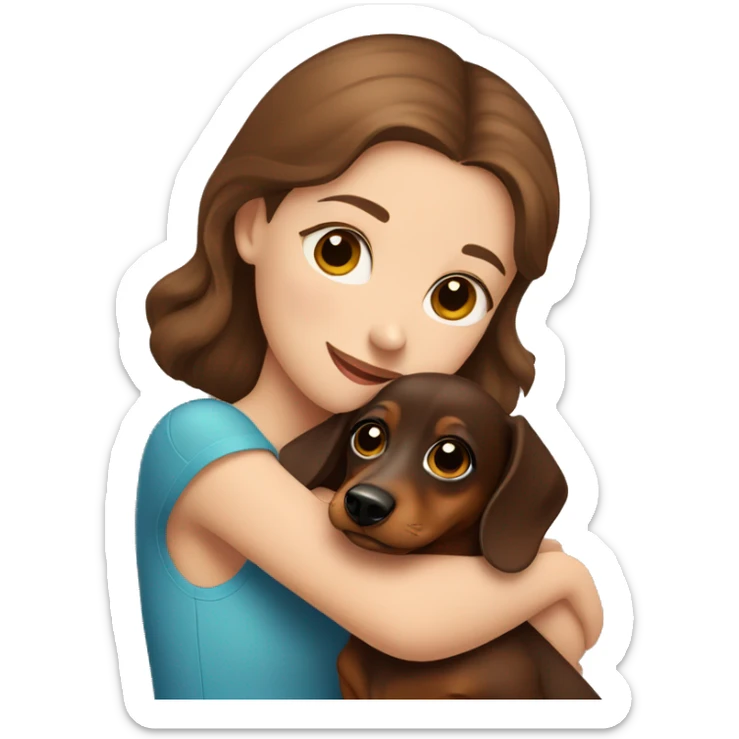 Girl with Brown Hair and blue eyes hugging a brown baby dachshund  sticker