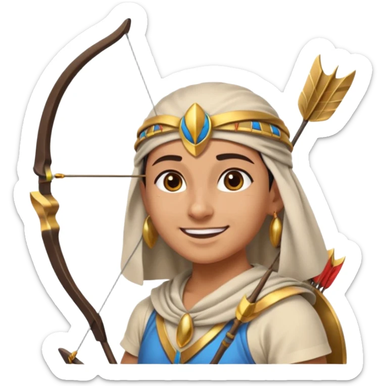 Emoji portrait of an Egyptian archer. Headcloth, bow and arrow, focused expression. sticker