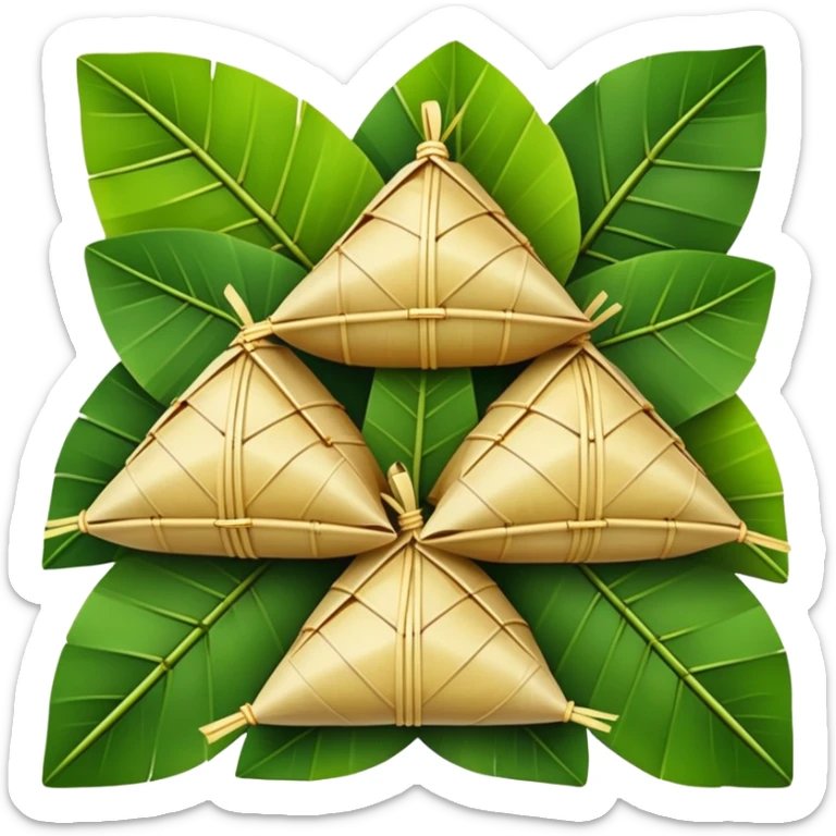 Dragon Boat Festival rice dumplings Zongzi wrapped in bamboo leaves, simplified emoji style with bold outlines and bright colors, cartoon style traditional pyramid-shaped food sticker