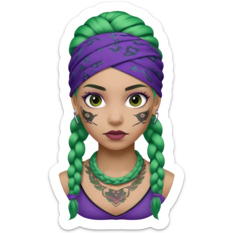 green braided hair with purple head bandana and lots of face tattoo girl sticker