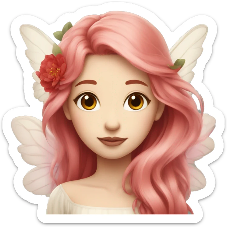 Beautiful, peony, fairy, light beige, long red hair, big wings, fair skin sticker