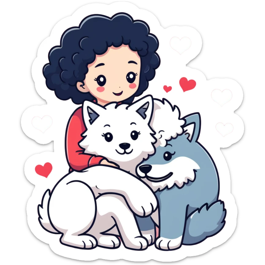 Black curly hair white skin girl hugging a big wolf with hearts above them sticker