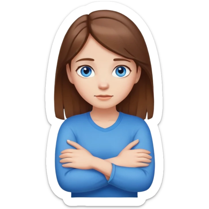 girl with brown hair blue eyes, arms crossed holding neck sticker