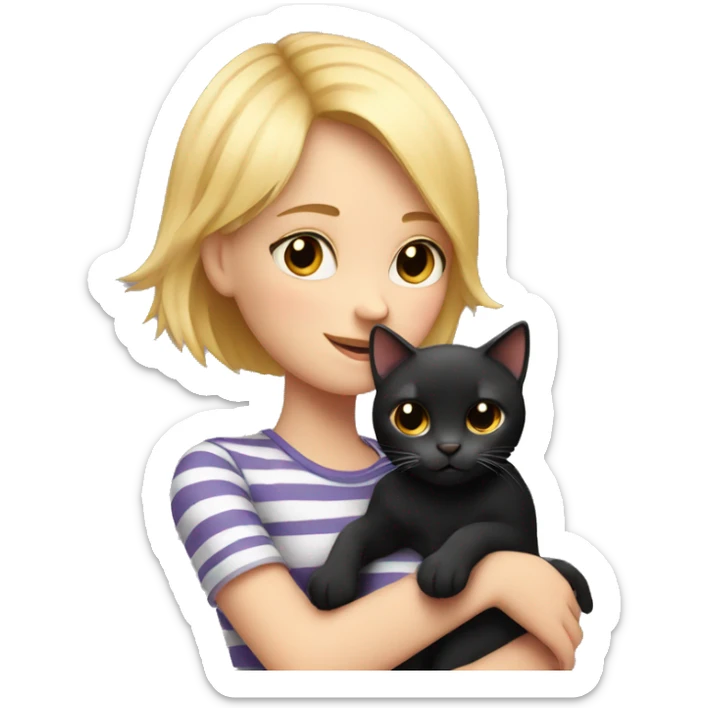 A girl with short blond hair hugs a black striped cat sticker