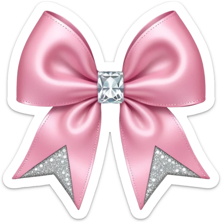 Cutesy pink bow emoji. Shiny baby pink satin ribbon. It's silver glitter sparkles on it. Shiny with rhinestones and shadowed to look three-dimensional sticker
