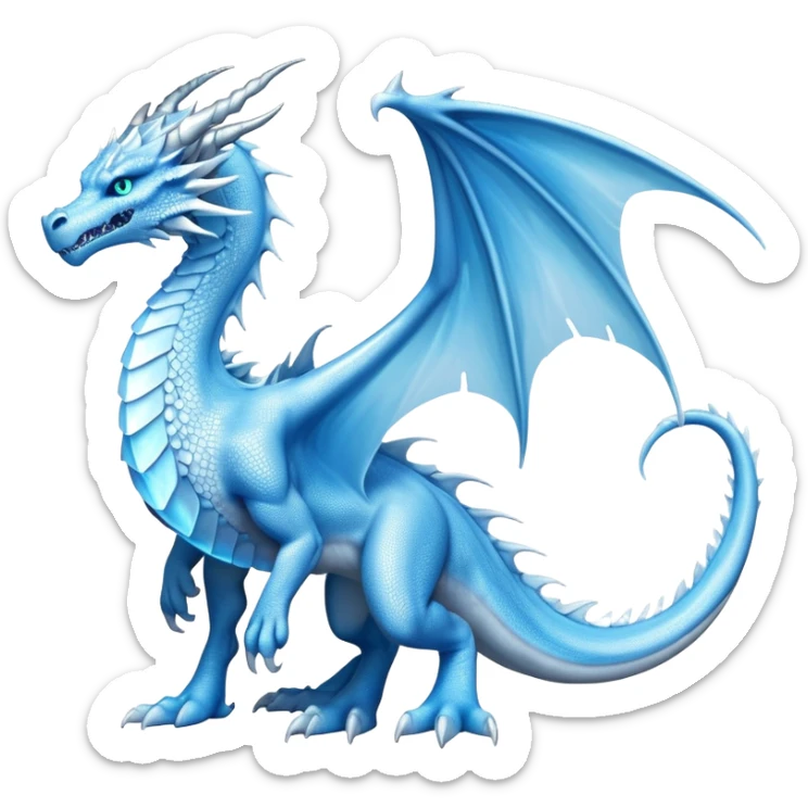 Cinematic Noble wise elegant Ice Dragon full body  Emoji, Poised and imposing, distinct long elegant snout, with a slender, scaled body shimmering in glacial hues of icy blue, frostbitten silver, and crystalline white, breathing out frost, with piercing, glowing ice blue white eyes that radiate the chilling depths of an arctic storm; rendered in detail. excuding wisdom sticker