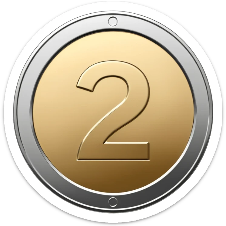 Emoji icon of a metal coin with engraved number 2, minimalist style, isolated, only metal color sticker