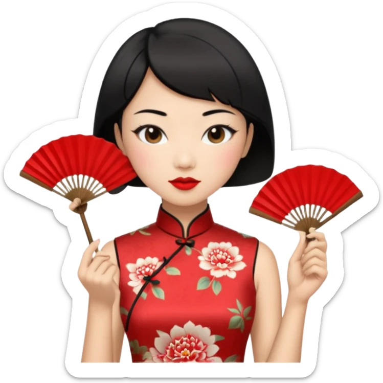 a chinese woman wearing a cheongsam holding a folding fan elegantly with fancy, red lipstick and short black hair sticker