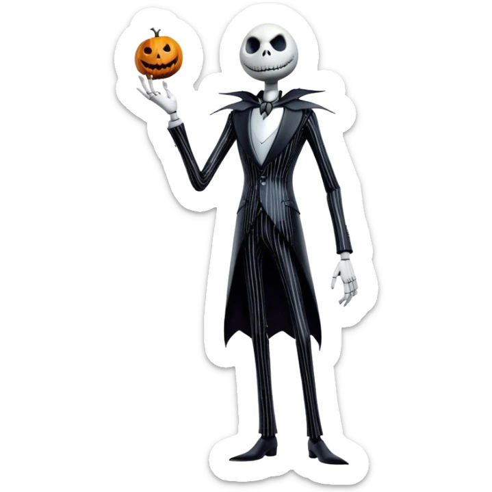 Full body view Cinematic 3D ultra realistic 32K HD image of Jack skellington, stunning detail as though captured in a timeless photograph, rich textures, visually rich, so lifelike that it feels like it could leap off the page at any moment sticker
