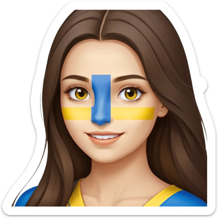 Brunette woman with long hair, Ukrainian flag (blue and yellow) painted on her cheek, happy expression sticker