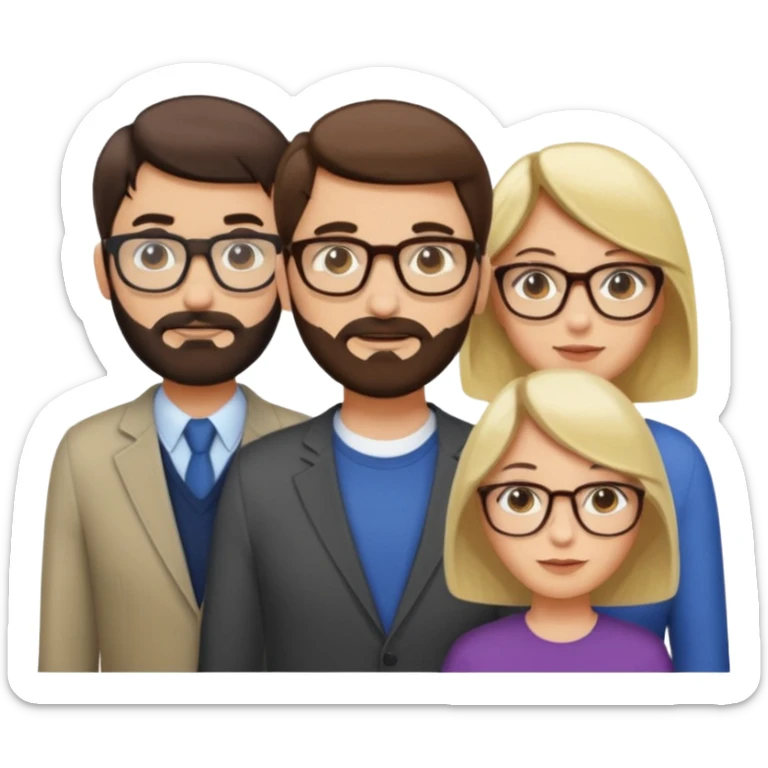 Four people including a man with hair and glasses, a man with a beard and no glasses, a woman with long brown hair and no glasses and a woman with a blonde bob and no glasses sticker