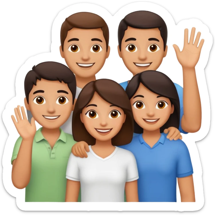 Group of Latino friends with warm smiles, relaxed poses, some waving, others mid-chat – friendly and lively vibe sticker
