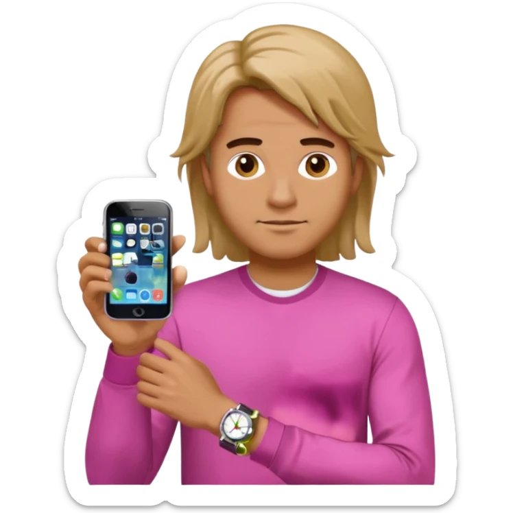 man wearing a pink long sleeve shirt, loose hair, wearing a watch on the arm, holding a cellphone in hand, apple emoji style sticker