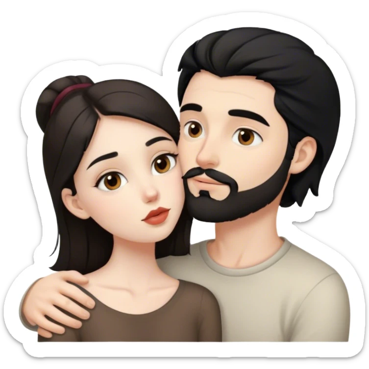 beautiful pale brunette girl with brown eyes kisses pale man black hair small beard grey eyes sticker