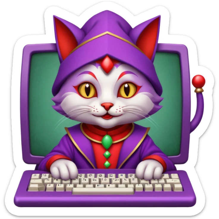 crazy colorful cute little cat jolly joker from poker, medieval, vintage, court jester, mac os icon, purple and red color, half body. The cat is represented as Code inside a retro computer terminal sticker