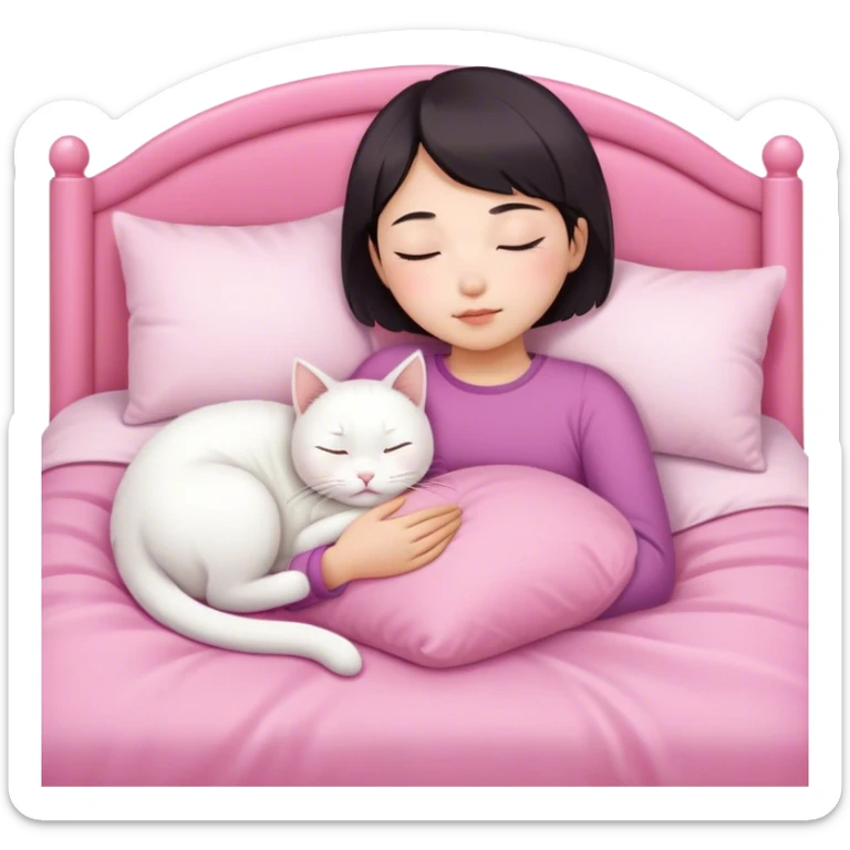 White cat sleeping with Asian girl short hair in pinky bed  sticker