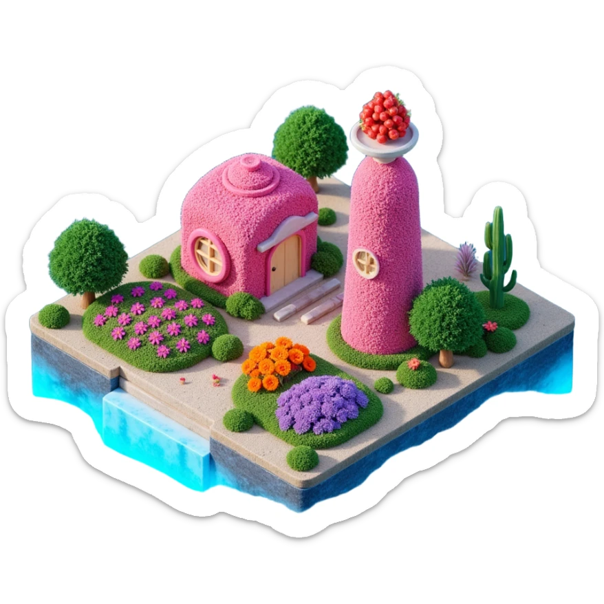 Exterior view of a floating coral farm built on a small square platform above glowing ocean waves, candy-colored coral structures shaped like farm buildings, seaweed fields and bioluminescent vegetables growing from wet soil, surreal atmosphere, no robots, emoji-style sticker