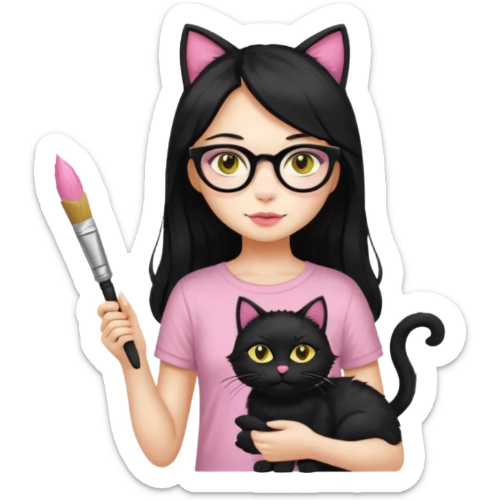 Painting women. smilling   Long black hair,  lunette peinture top pink, pinceau with is black cat  sticker