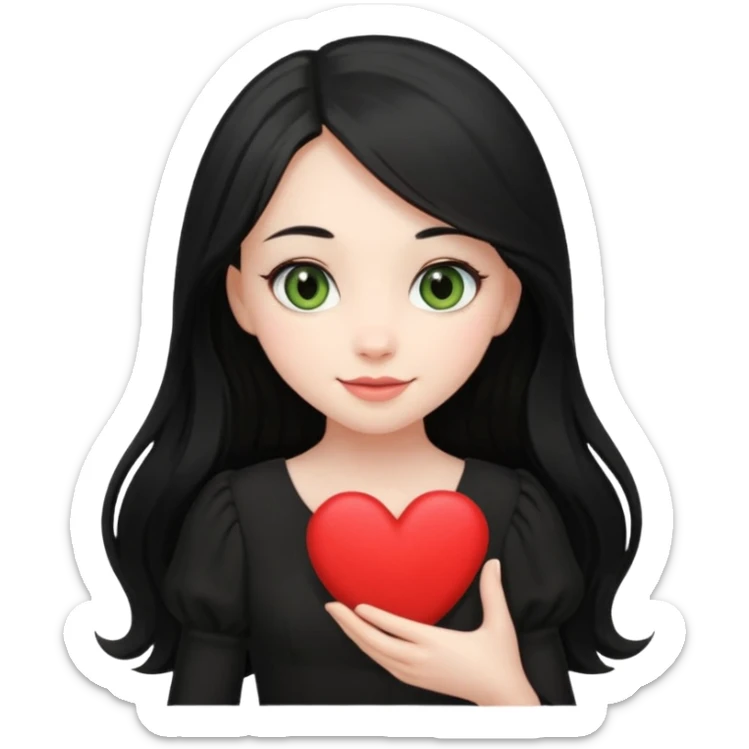 Pale girl with long black hair and olive green eyes soft smile wearing black dress and holding a heart sticker