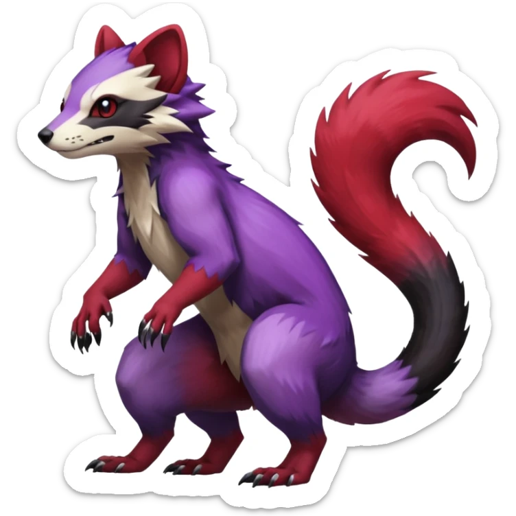 Purple, red, black Trico-Sergal-Furret-Ferret-Wolverine-Vernid-fusion-Fakemon-animal-hybrid-creature, full body sticker