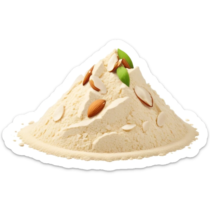 loose scatter or mound of almond flour, pale ivory, fine grainy texture, matte, soft and airy, beige tones, no bowl or packaging, just the flour, soft lighting, emoji scale sticker