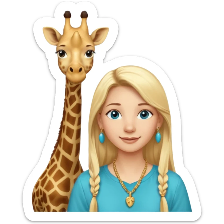 Swedish girl blonde long straigt hair blue eyes turqoise shirt gold earings, girrafe necklace gold small, very long lashes smiling closed mouth,  sticker