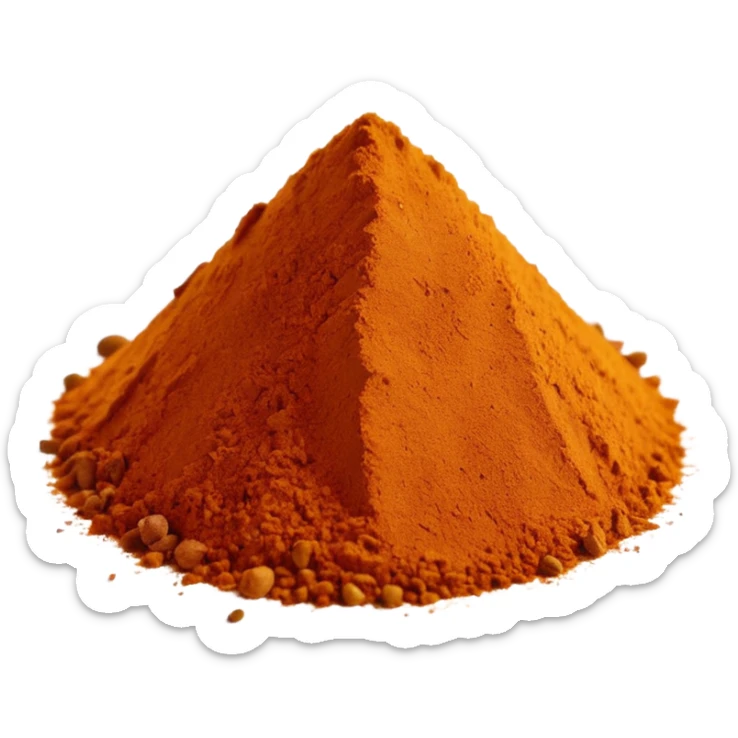 small mound or scattered pinch of Ras el Hanout powder, warm earthy colors deep golden amber reddish-brown subtle orange, fine slightly grainy texture, visible specks of different spice colors, dry aromatic, clean elegant soft shadows realistic lighting, no faces or container, emoji scale sticker