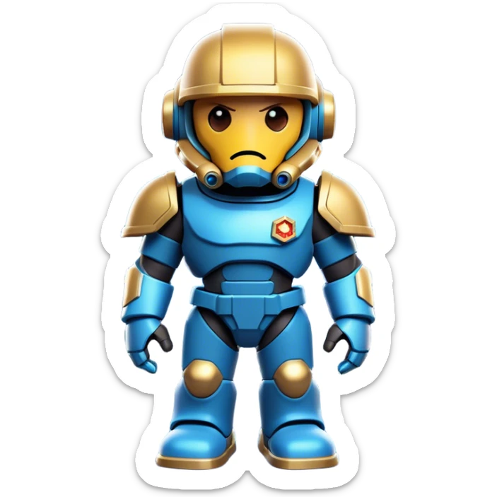 Clash of Clans aesthetic: Cinematic Playful Terran Marine Hero Emoji, rendered in a 3D vector-style similar to standard emojis with minimal shading and bold, simplified shapes. A compact, heroic isometric figure clad in futuristic power armor with signature energy accents, softly glowing with a cosmic battle charm. Simplified yet unmistakably iconic, highly detailed and consistent, glowing with a soft radiant shine and high gloss. Stylized with a touch of interstellar valor and a soft glowing outline, capturing the essence of an elite space warrior with a friendly, playful manner! sticker