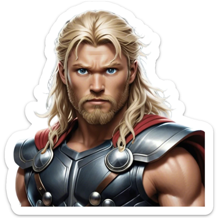Cinematic Realistic Thor Portrait, depicted with lifelike skin texture and a commanding, muscular build that radiates divine strength. His piercing eyes, framed by rugged, flowing hair and a well-groomed beard, exude both determination and amiable authority. Clad in his signature armor with subtle hints of mystical lightning, the portrait is rendered in dynamic natural lighting with a radiant, heroic glow. sticker