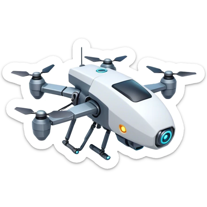 Clash of Clans aesthetic: Cinematic Playful 3D Isometric Robot Drone Emoji, rendered in a 3D vector-style similar to standard emojis with minimal shading and bold, simplified shapes. A compact, distinct form with signature details, softly glowing with a futuristic sci-fi warfare charm. Simplified yet unmistakably iconic, highly detailed and consistent, glowing with a soft radiance and high shine. Stylized with a touch of high-tech brilliance and a soft glowing outline, capturing the essence of a beloved gaming relic with a friendly, playful manner! sticker