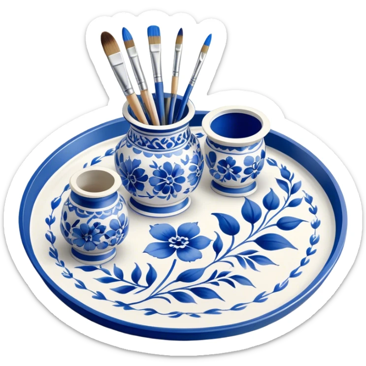 Gzhel-style metal painting icon, hand-painted Gzhel-style metal tray with intricate blue and white floral patterns, visible paintbrush and paint pots, metal surface in the process of being painted, no finished artwork, just the painting process, minimalistic style, clean lines, transparent background. sticker