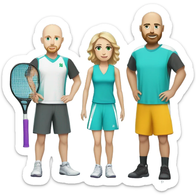 White couple, 35 yro, in pickleball clothes. Male bald= aqua eyes, beard, white, bald, and aqua eyes. Female = long light brown hair, aqua eyes.  sticker