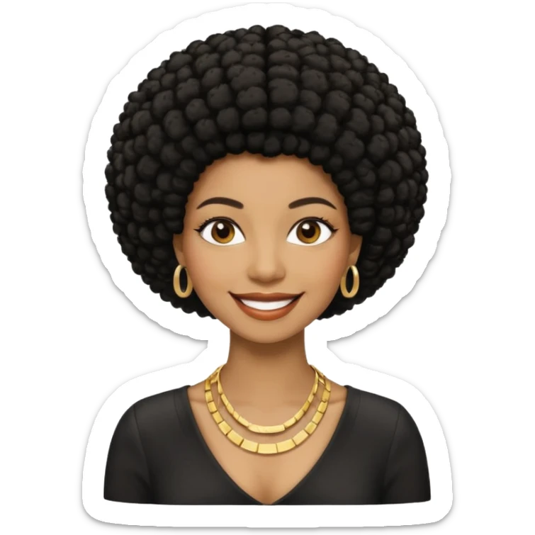 Black woman, short black afro, blonde hair clip, thin necklace, big smile, 30 years old, confident event manager sticker