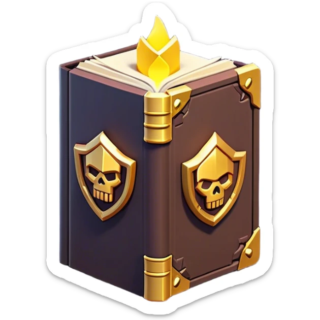Clash of Clans aesthetic: Cinematic Playful 3D Isometric Spell Book Emoji, rendered in a 3D vector-style similar to standard emojis with minimal shading and bold, simplified shapes. A compact, distinct form with signature details, softly glowing with a fantasy RPG magic charm. Simplified yet unmistakably iconic, highly detailed and consistent, glowing with a soft radiance and high shine. Stylized with a touch of heroic grandeur and a soft glowing outline, capturing the essence of a beloved gaming relic with a friendly, playful manner! sticker