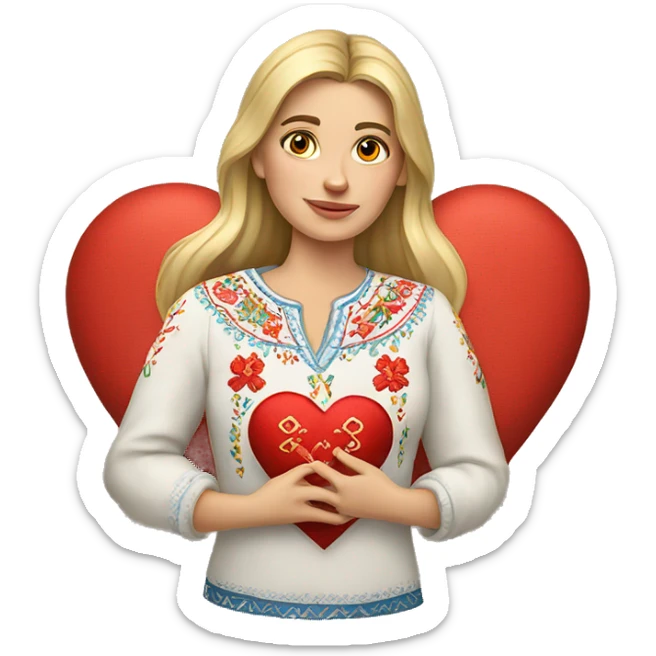A Ukrainian woman in an embroidered shirt holds a heart in her hands sticker