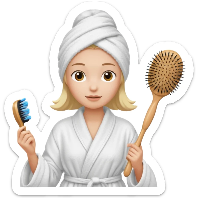 Women wearing shower robe an their hair with towel holding a brush sticker
