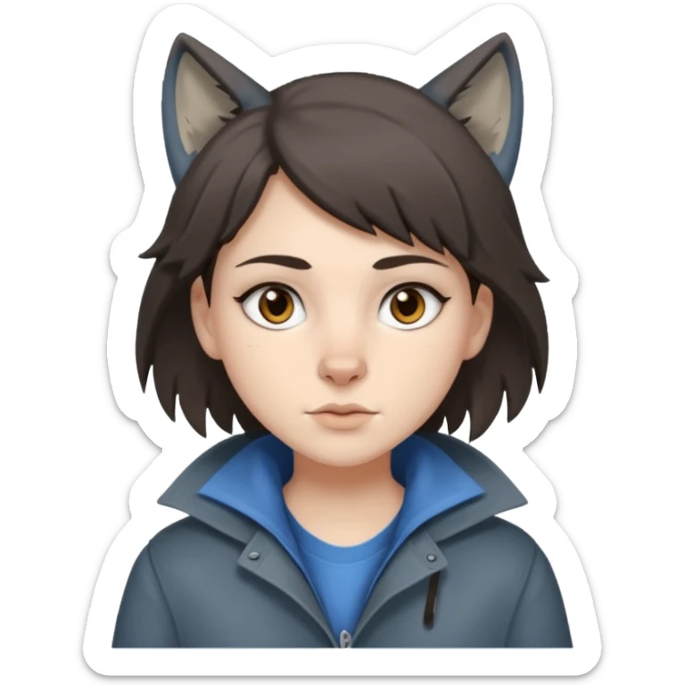 Hobo tomboy with dark brown hair in a wolf cut style, brown eyes, dirty dark grey coat, blue-grey shirt. sticker