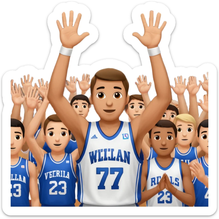 Maverick Trevillian in the crowd at an amateur basketball game. He leans towards the camera and enthusiastically shouts "six seven while performing a distinctive hand gesture: both hands open, palms facing upward, moving up and down as if weighing two options. sticker