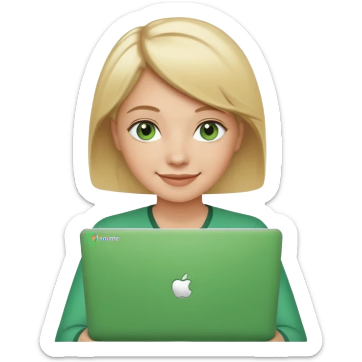 short blonde hair teacher green eyes woman happy holding chromebook sticker