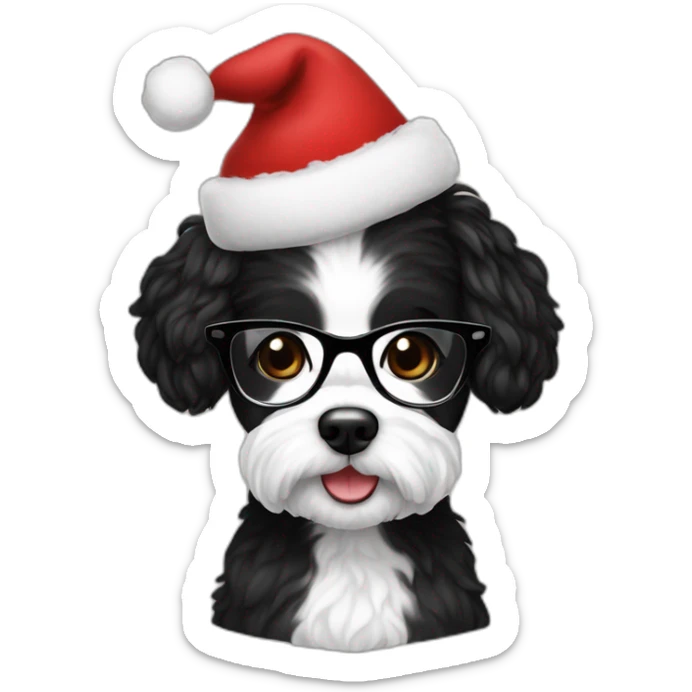 woman-black hair-christmas hat-with glasses-with bichon dog-white-smile sticker