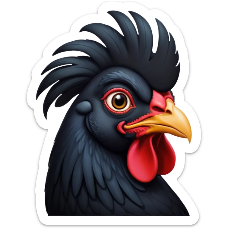 Cinematic Noble Black Rooster Portrait Emoji, Poised and regal, with a robust, commanding build and a sleek, well-groomed pure black plumage, deep-set soulful piercing eyes, Simplified yet sharp and sophisticated features, highly detailed, glowing with a soft, dignified glow, high shine, intelligent and proud, stylized with an air of mysterious majesty, focused and attentive, soft glowing outline, capturing the essence of a watchful and confident leader, so majestic it feels as though it could crow out of the screen with effortless authority! sticker