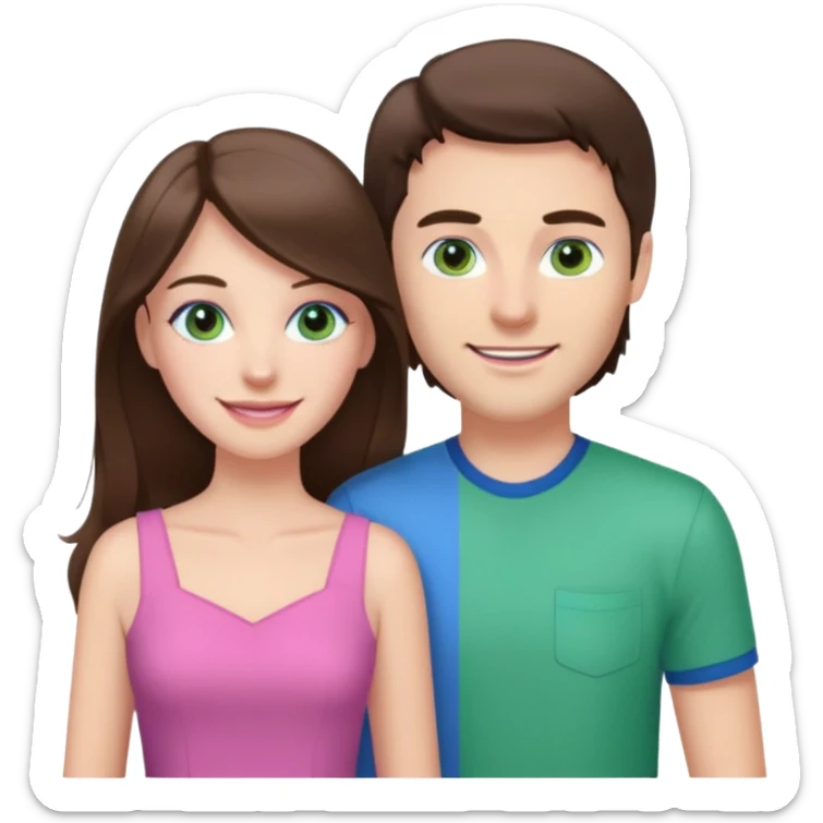 “A pink Polaroid-style photo of a couple: a white woman with long brunette hair and blue eyes, and a white man with short brunette hair and green eyes.” sticker