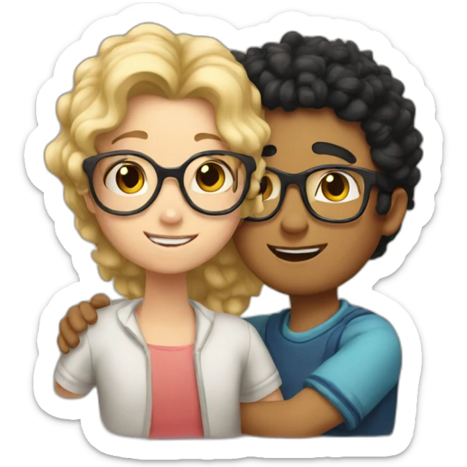 boy with curly blonde hair and glasses hugging girl with black hair and glasses sticker