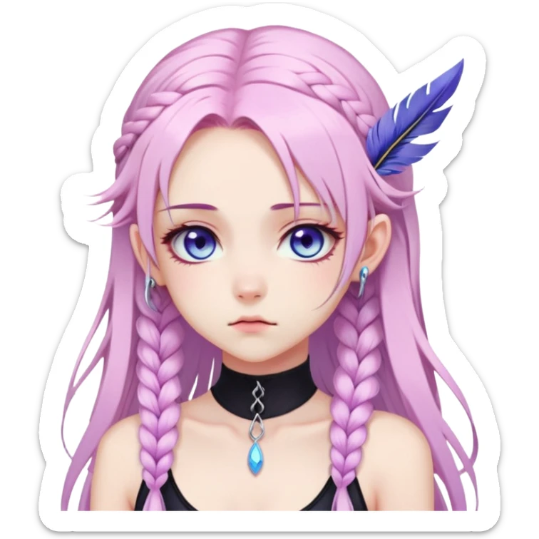 Gorgeous beautiful pretty grumpy anime lady long-pale-whitish-pastel-pink-hair with one braid on each side, hanging purple tiny feather-ear-cuffs with pink tips in hair, black bodysuit, blue eyes, pink iris, ethereal, fashion aesthetic  sticker