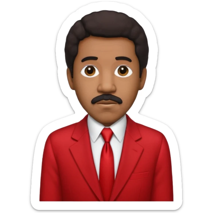 Richard Pryor with dark brown hair, red suit jacket, black suit shirt with red tie sticker