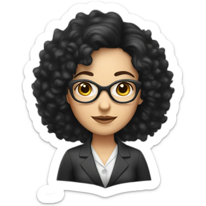 caucasian information desk Woman with black curly hair and white streaks and glasses sticker