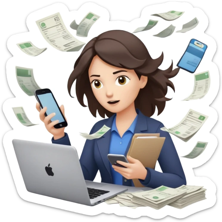 woman holding a phone in one hand, laptop open in front, storm of receipts, invoices, and reminders swirling around, multitasking chaos sticker