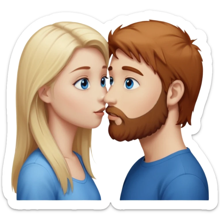 Beautiful, long-straight, pale-blonde-hair blue eyed girl facing a reddish brownish hair and scruffy beard, blue eyed, white male kissing  sticker